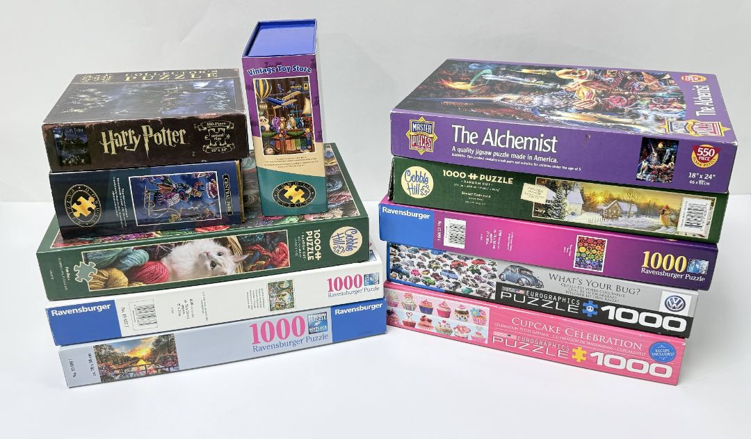 Lot of 13 Adult Jigsaw Puzzles – 1000pc, Ravensburger, Cobble Hill, Eurographics