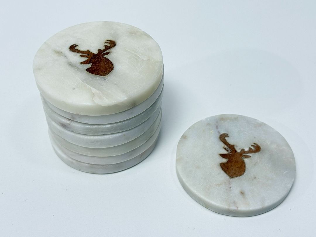 Marble Coaster Set With Wood Moose Inlay