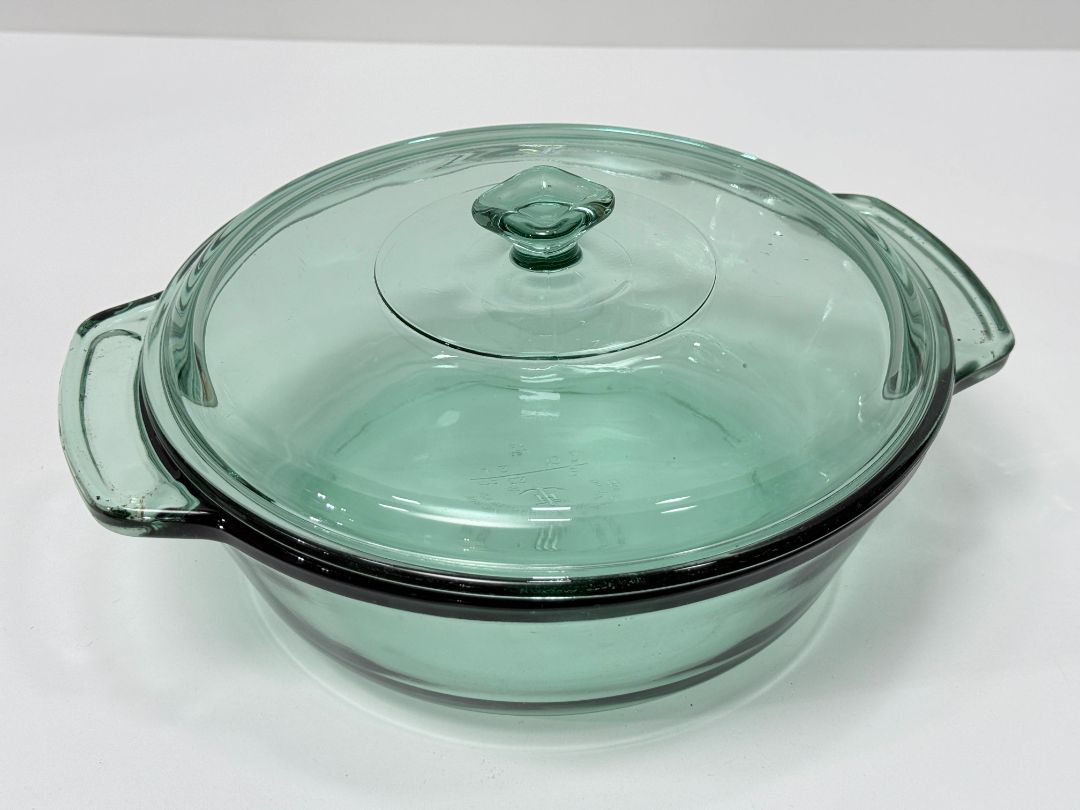 Anchor Hocking Clear Green Glass Covered Casserole Dish 2L Round Baking Pot With Lid