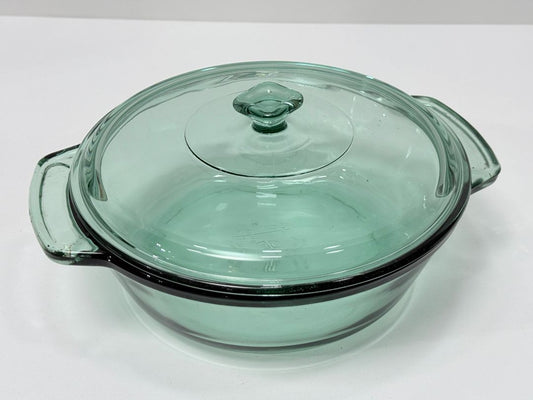 Anchor Hocking Clear Green Glass Covered Casserole Dish 2L Round Baking Pot With Lid