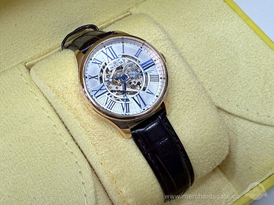 Invicta Men’s Automatic Skeleton Watch – Model 23660 / Rose Gold Case / Leather Strap
