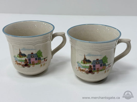 Pair of Stoneware Mugs Japan Country Village Pattern 3.5 Inch Ceramic Cups