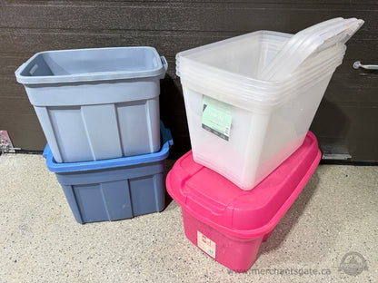 Lot of 7 Storage Totes With Lids – 72L Clear Bins + 112L Pink Tote + Grey Utility Bins