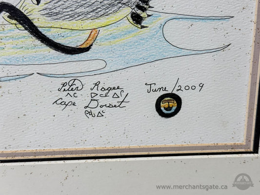 Original Inuit Art by Peter Rasee 2009 – Framed 24x18 Cape Dorset Illustration