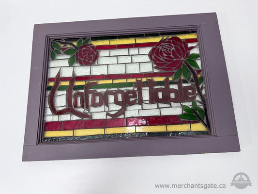 Vintage Stained Glass Window Panel Rose Floral Script Art Wood Frame Decor Wall Hanging