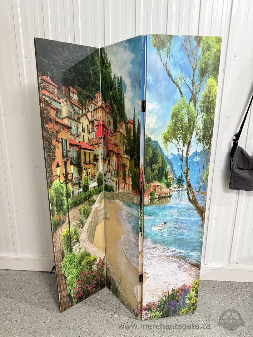 Mediterranean Coastal Village Canvas Room Divider / 3-Panel Privacy Screen Art Decor 71” Tall