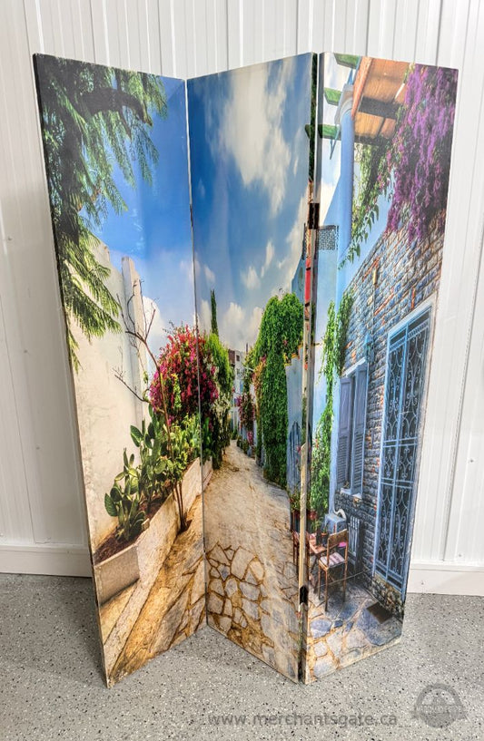 Mediterranean Coastal Village Canvas Room Divider / 3-Panel Privacy Screen Art Decor 71” Tall