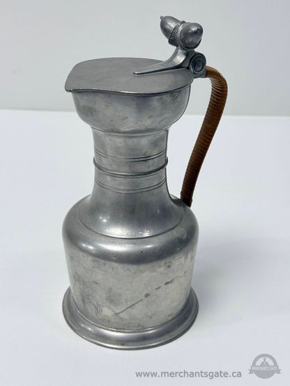 Vintage Pewter Tankard With Hinged Lid Leather Wrapped Handle About 9" Tall