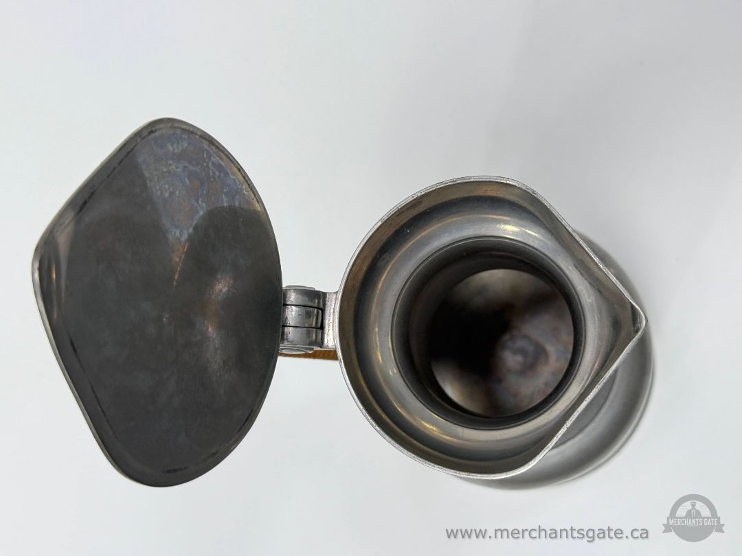 Vintage Pewter Tankard With Hinged Lid Leather Wrapped Handle About 9" Tall