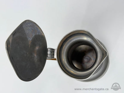 Vintage Pewter Tankard With Hinged Lid Leather Wrapped Handle About 9" Tall