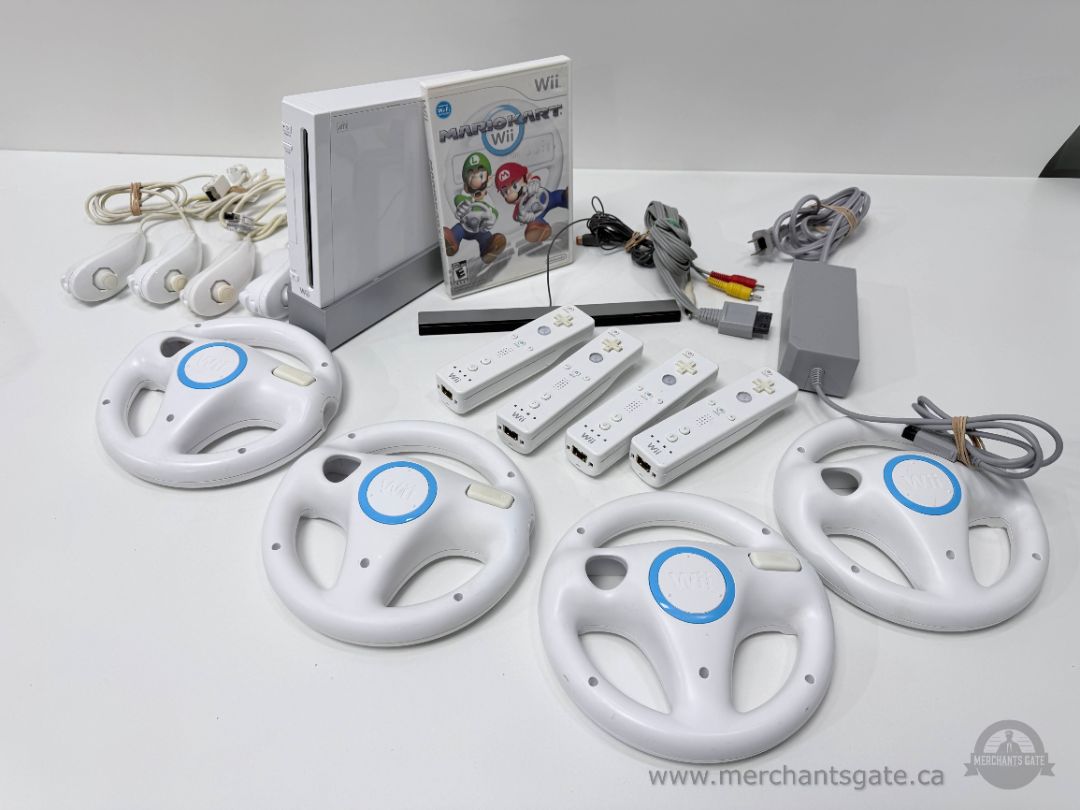 Nintendo Wii Console Mario Kart Wii Bundle With 4 Remotes Wheels And Accessories