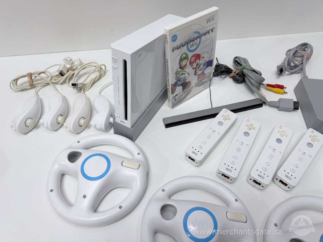 Nintendo Wii Console Mario Kart Wii Bundle With 4 Remotes Wheels And Accessories