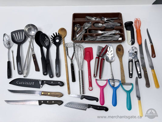 Large Mixed Kitchen Utensil And Cutlery Lot Knives Flatware Gadgets Assorted Brands
