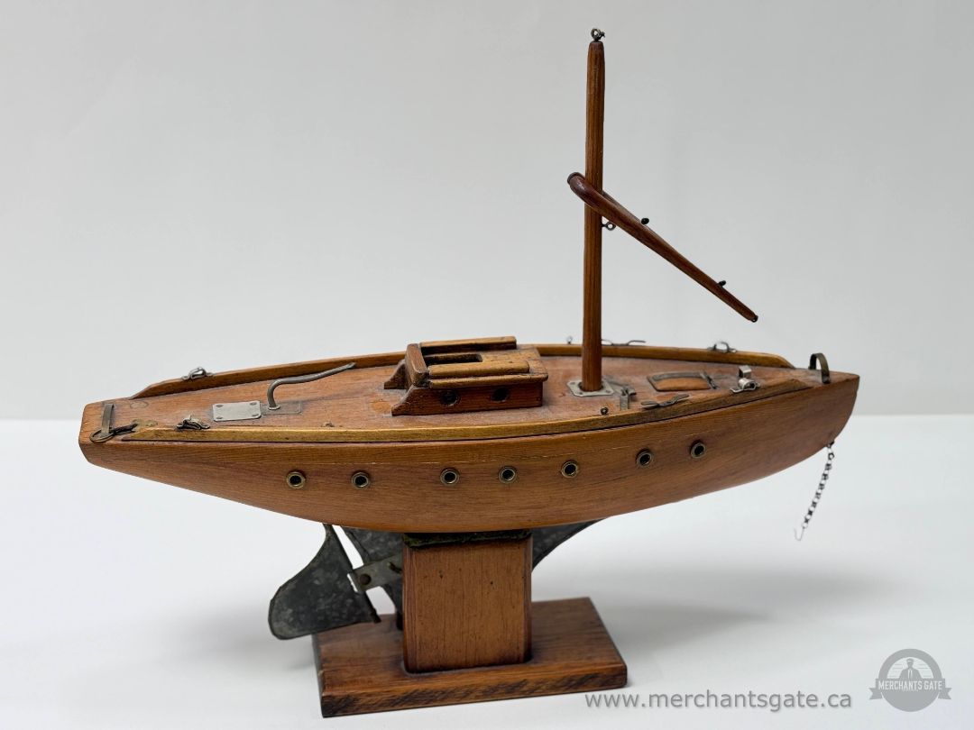 Vintage Wooden Pond Yacht Model Sailboat With Stand Metal Keel And Rudder
