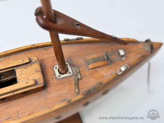 Vintage Wooden Pond Yacht Model Sailboat With Stand Metal Keel And Rudder