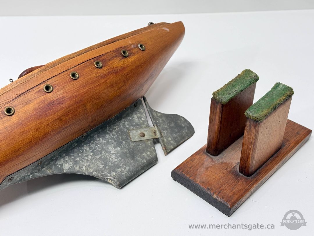 Vintage Wooden Pond Yacht Model Sailboat With Stand Metal Keel And Rudder