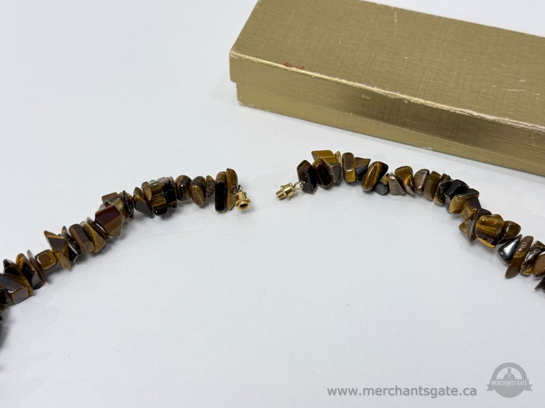 Tiger’s Eye Chip Stone Necklace With Screw Clasp Vintage Style
