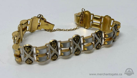 Vintage Gold Tone Link Bracelet With Enamel Detail Safety Chain Mid Century Style