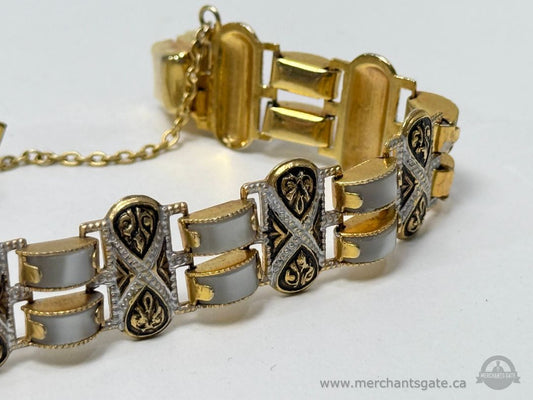 Vintage Gold Tone Link Bracelet With Enamel Detail Safety Chain Mid Century Style
