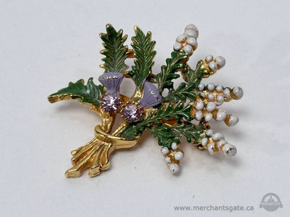 Vintage Gold Tone Enamel Floral Brooch Mid Century Costume Jewelry