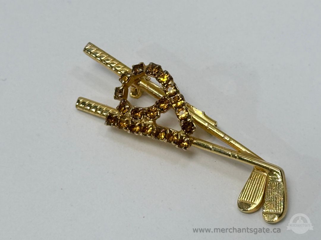 Gold Tone Golf Clubs Rhinestone Brooch Pin Vintage Sports Jewelry