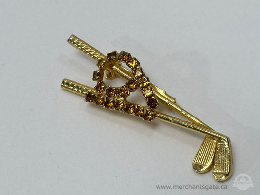 Gold Tone Golf Clubs Rhinestone Brooch Pin Vintage Sports Jewelry