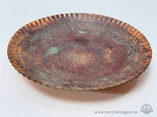 Vintage Hammered Copper Dish Tray With Scalloped Edge Approximately 9 Inches
