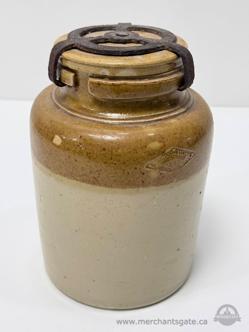Antique Stoneware Crock Jar With Clamp Lid Worcester Massachusetts 8 Inch