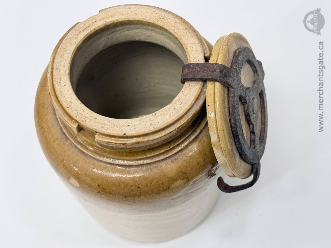 Antique Stoneware Crock Jar With Clamp Lid Worcester Massachusetts 8 Inch