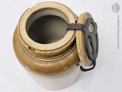 Antique Stoneware Crock Jar With Clamp Lid Worcester Massachusetts 8 Inch