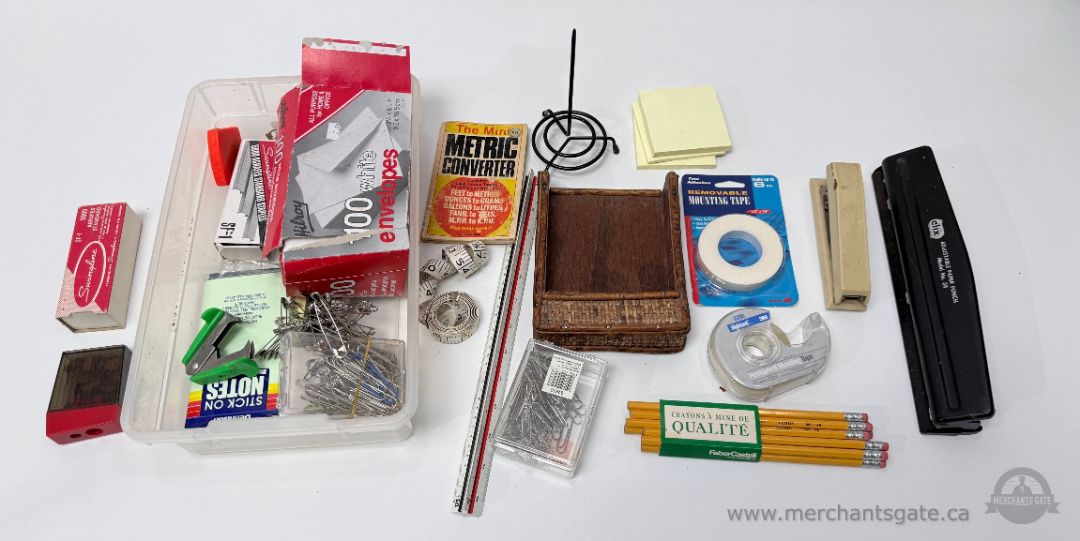 Mixed Office And Desk Supplies Lot Rulers Tape Stapler Envelopes Pencils Clips
