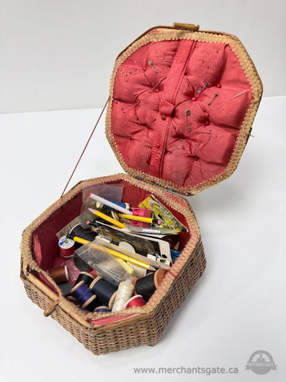 Vintage Wicker Sewing Basket With Wooden Handle And Sewing Supplies Included