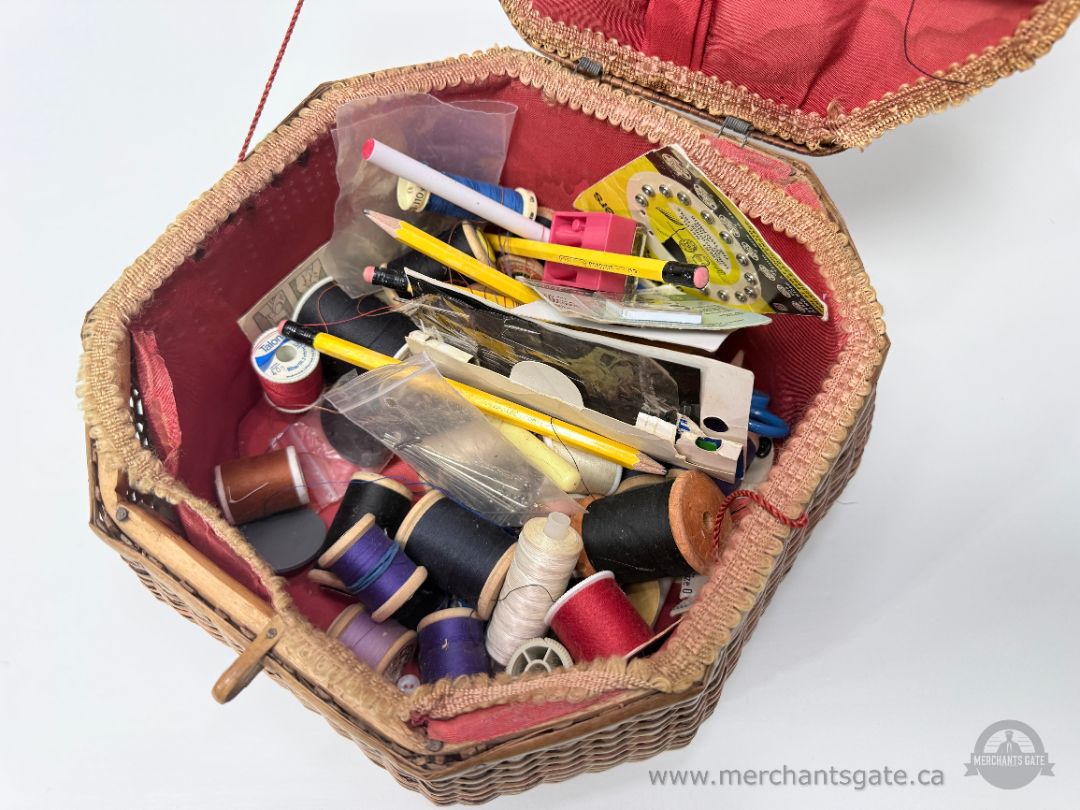 Vintage Wicker Sewing Basket With Wooden Handle And Sewing Supplies Included