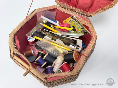 Vintage Wicker Sewing Basket With Wooden Handle And Sewing Supplies Included