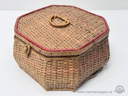 Vintage Wicker Sewing Basket With Wooden Handle And Sewing Supplies Included