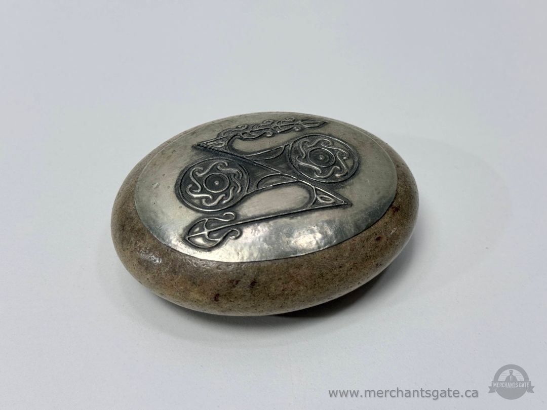 Carved Stone Paperweight With Decorative Metal Inlay Celtic Style