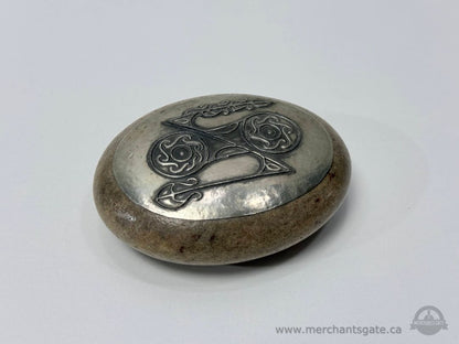 Carved Stone Paperweight With Decorative Metal Inlay Celtic Style