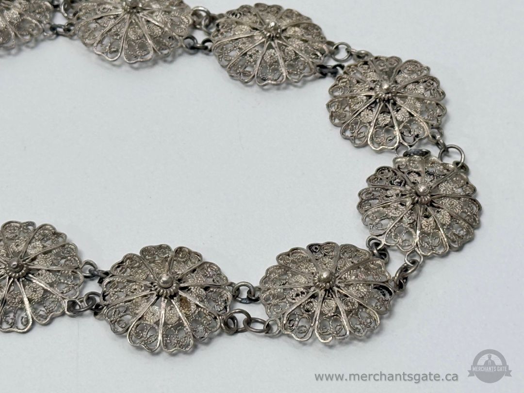 Vintage Sterling Silver Filigree Floral Link Bracelet 7 Inch