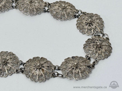 Vintage Sterling Silver Filigree Floral Link Bracelet 7 Inch