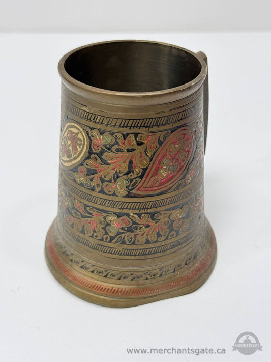 Antique Brass Mug Engraved Floral Motif With Handle Middle Eastern Style 4.5"