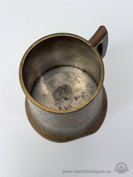 Antique Brass Mug Engraved Floral Motif With Handle Middle Eastern Style 4.5"