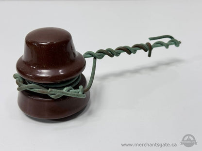Antique Brown Porcelain Electrical Insulator with Attached Wire