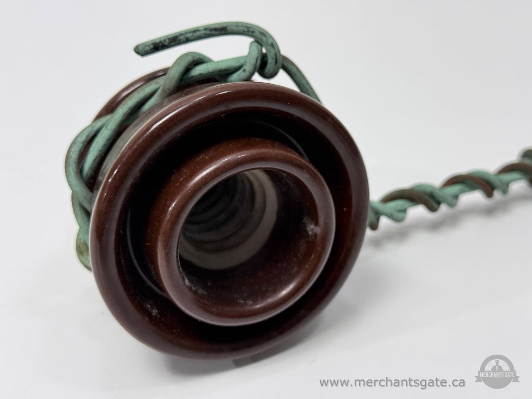 Antique Brown Porcelain Electrical Insulator with Attached Wire