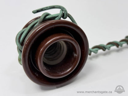 Antique Brown Porcelain Electrical Insulator with Attached Wire