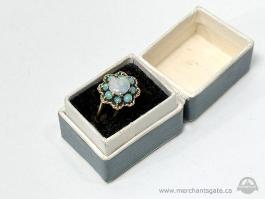 Vintage 9k Gold Opal Cluster Ring Size 2.75 Petite Floral Halo with Original Guernsey Box