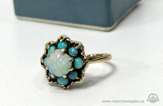Vintage 9k Gold Opal Cluster Ring Size 2.75 Petite Floral Halo with Original Guernsey Box