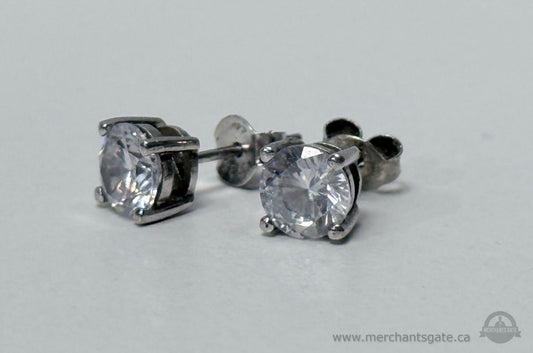 Sterling Silver CZ Stud Earrings Classic Round Cut Stamped Backs