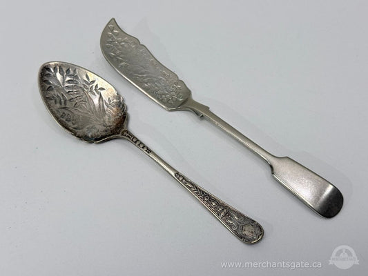 Vintage Silver Plate Serving Spoon with Butter Knife Set Floral Pattern