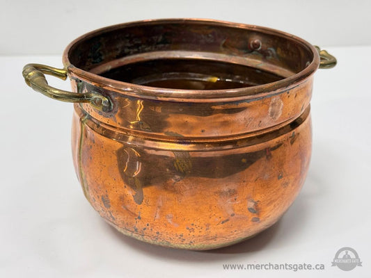 Vintage French Copper Cachepot Jardiniere Brass Handles 7” Wide Planter