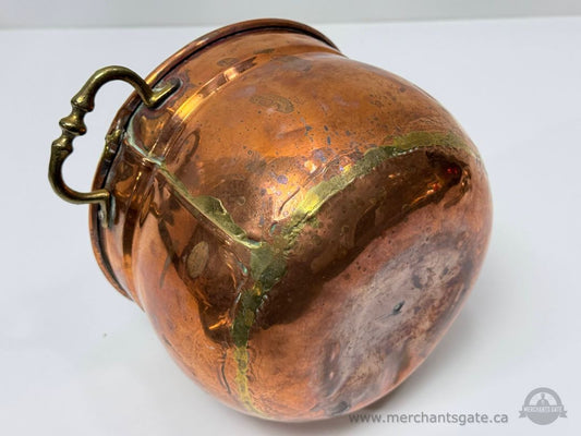 Vintage French Copper Cachepot Jardiniere Brass Handles 7” Wide Planter